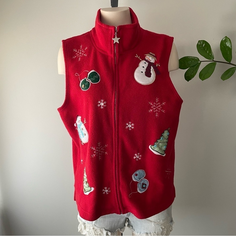 Vintage Denver Hayes Ugly Christmas Snowman Winter Fleece Zip Up Vest Red Large